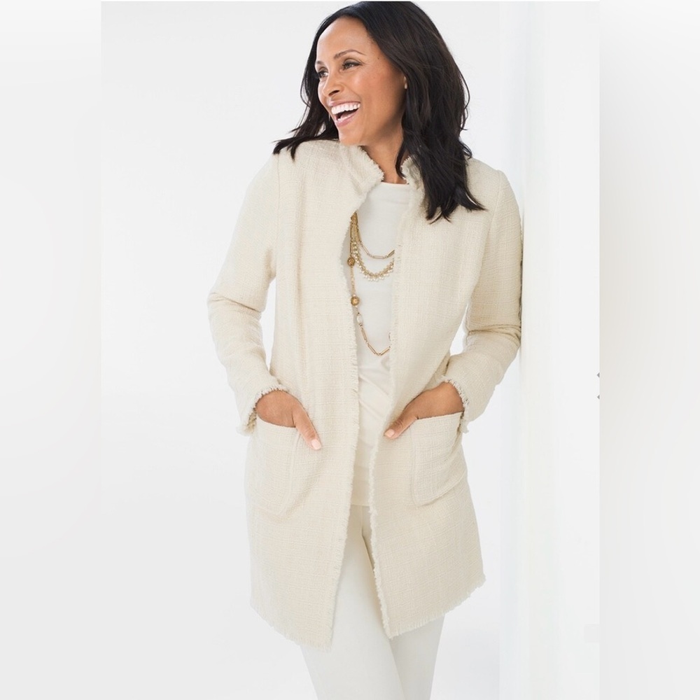 Chicos Tweed Fringe Textured Jacket Classic Business Casual Creme’ Size 0